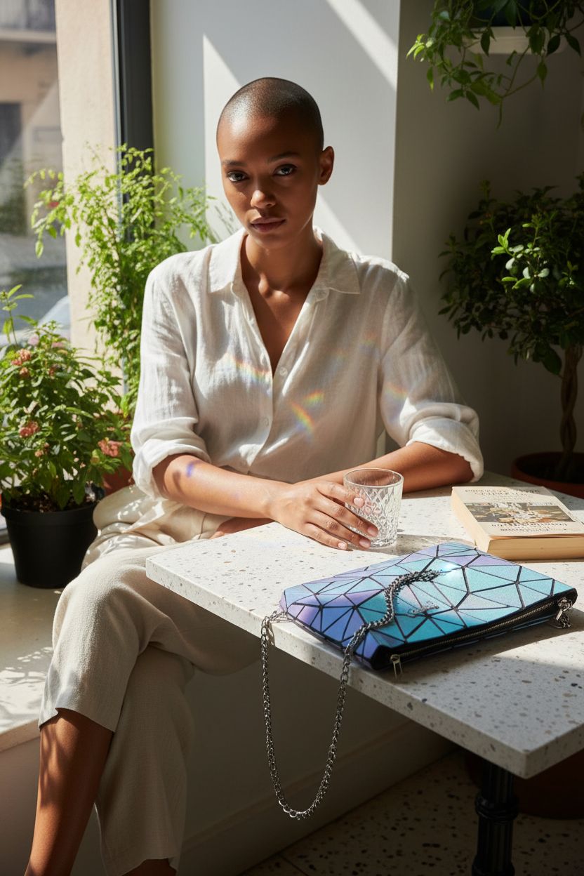 LOVEVOOK geometric bag in a bright café nook, perfect for relaxed moments with a book
