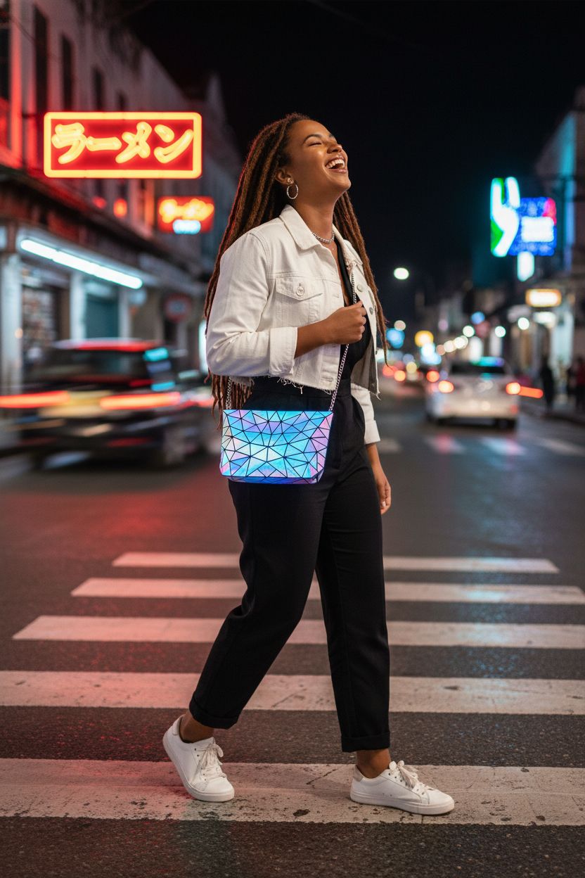 LOVEVOOK geometric luminous purse shines in neon-lit street setting, perfect for night outs