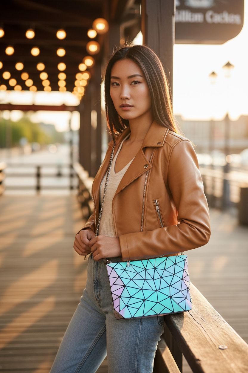 LOVEVOOK holographic purse at sunset on a boardwalk, stylish and eye-catching for any occasion