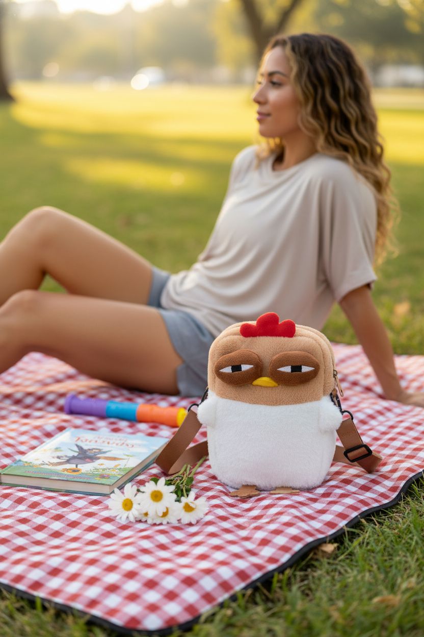 Noy Lacha Chick Purse resting on a picnic blanket with playful accessories.