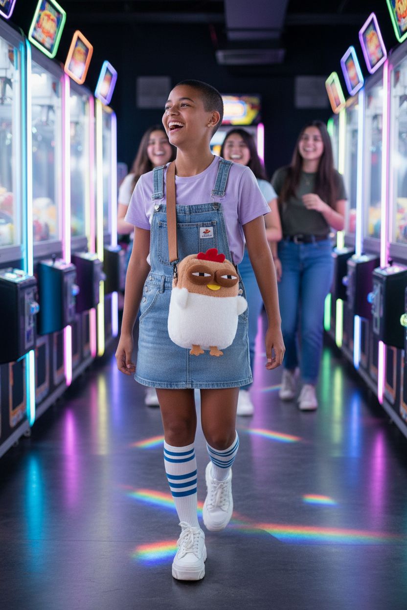 Cute Chick Purse by Noy Lacha bouncing against a denim outfit in a vibrant arcade.