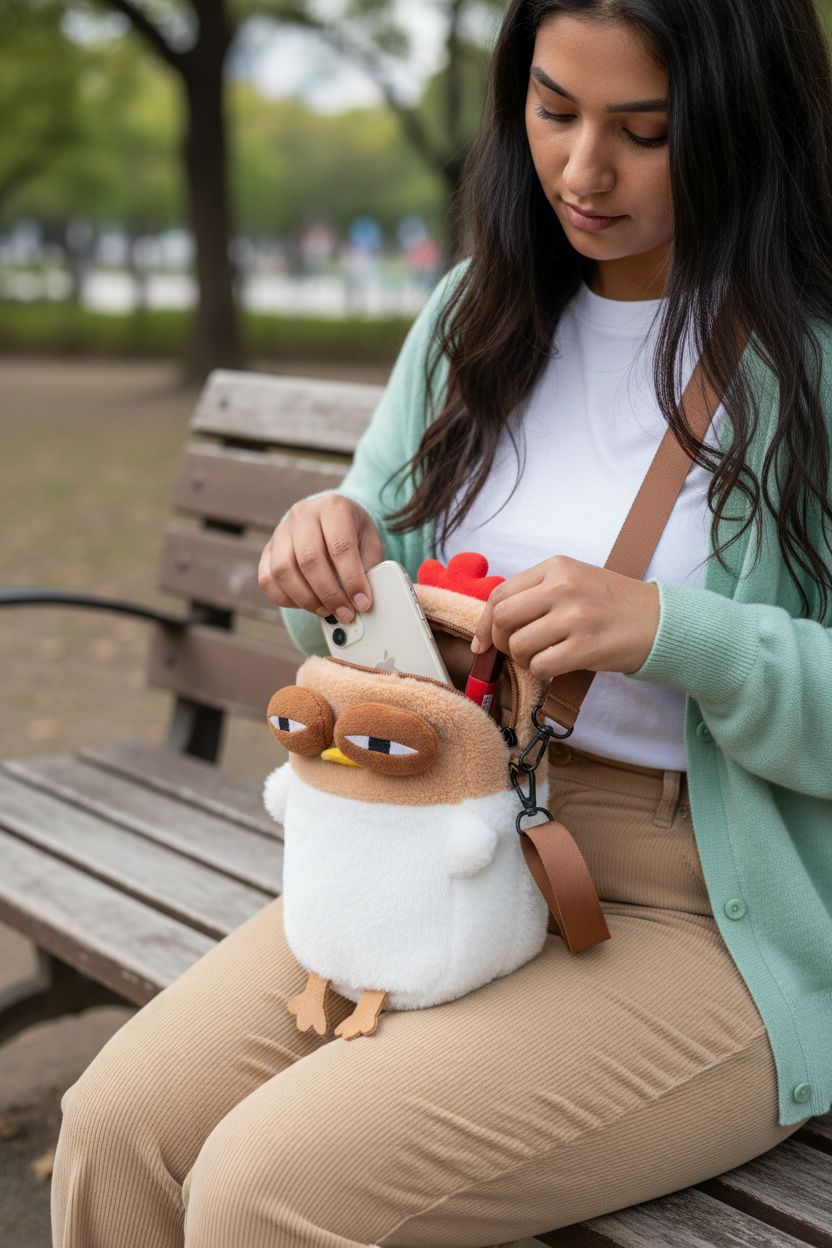 Kawaii Chick Purse by Noy Lacha on a park bench, perfect for kids' essentials.
