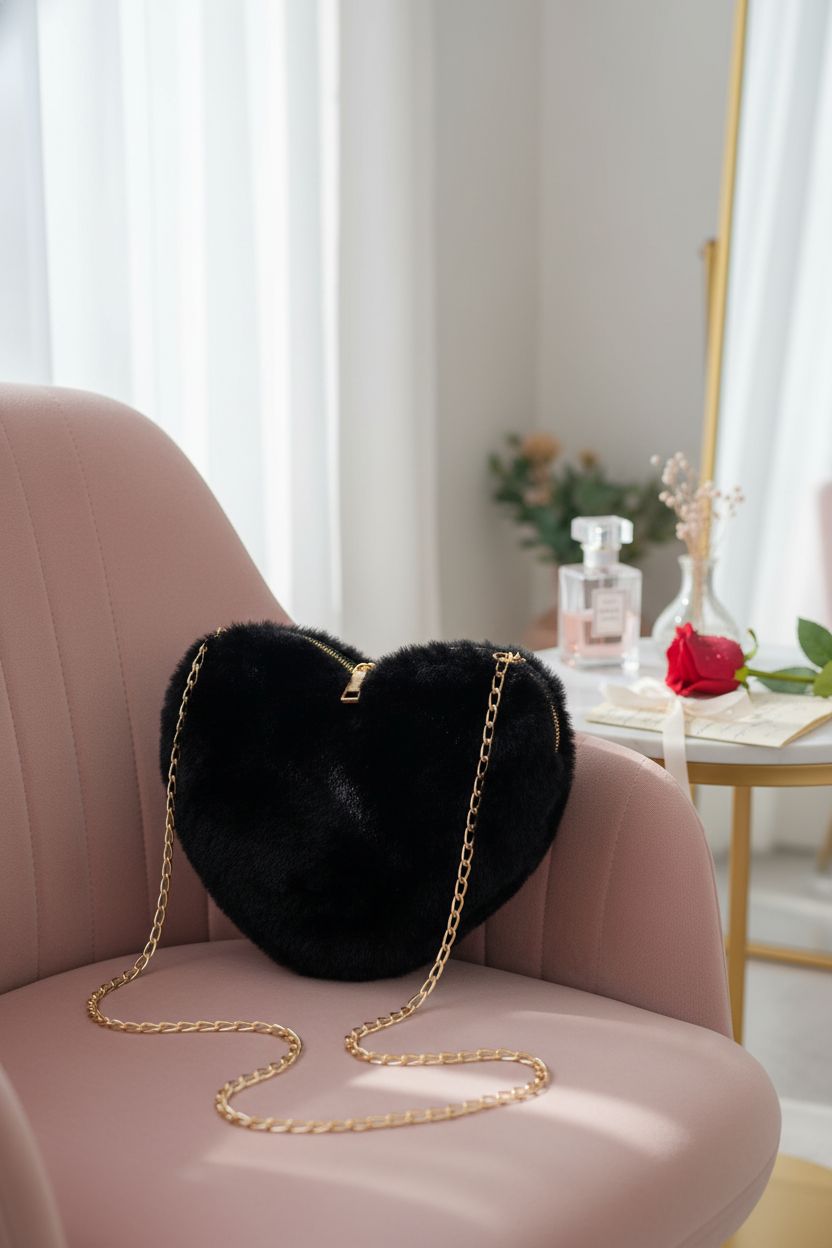 Miayon black heart-shaped purse on a blush velvet chair with a rose and perfume bottle in a chic bedroom