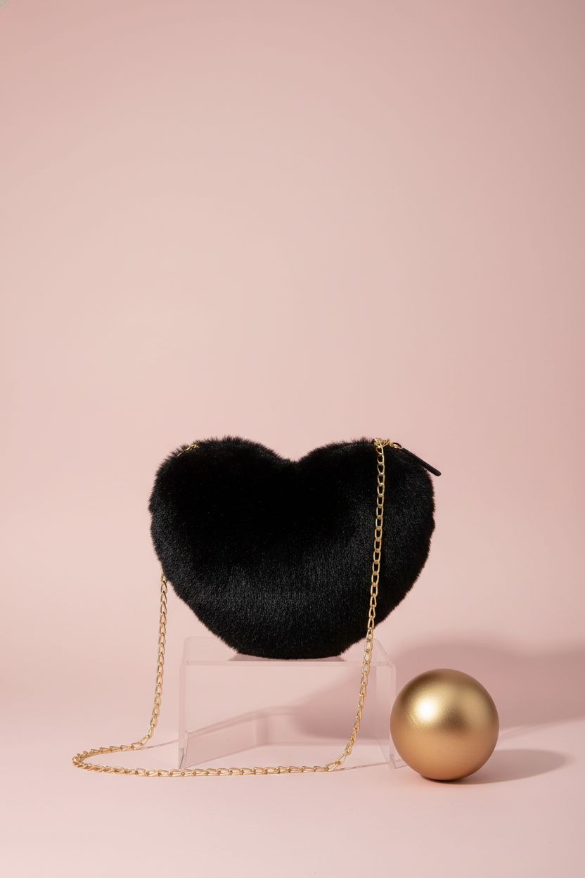 Miayon heart-shaped black faux fur purse displayed on acrylic risers with gold sphere