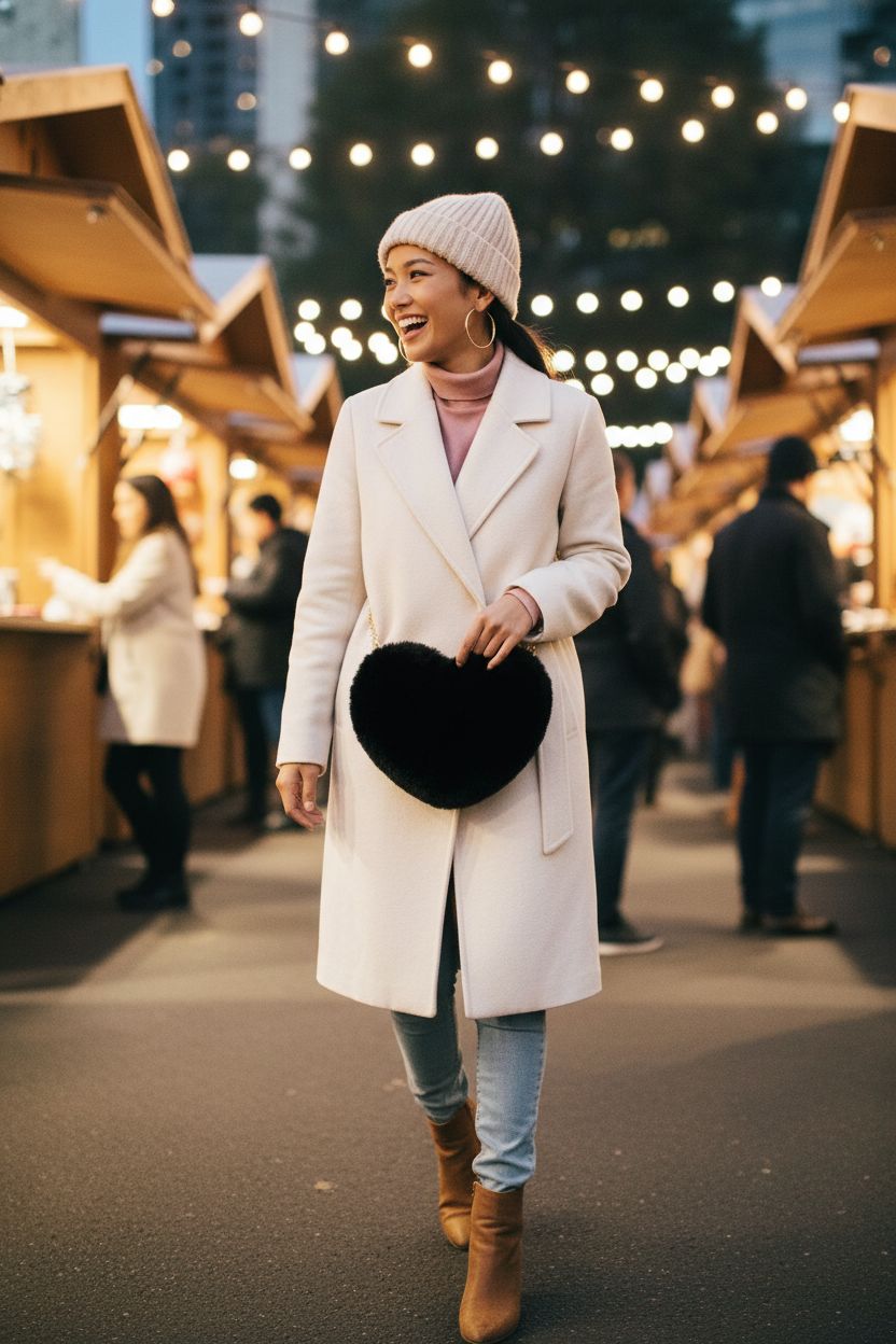 Miayon black fuzzy heart bag worn crossbody at an outdoor winter market during Valentine's season