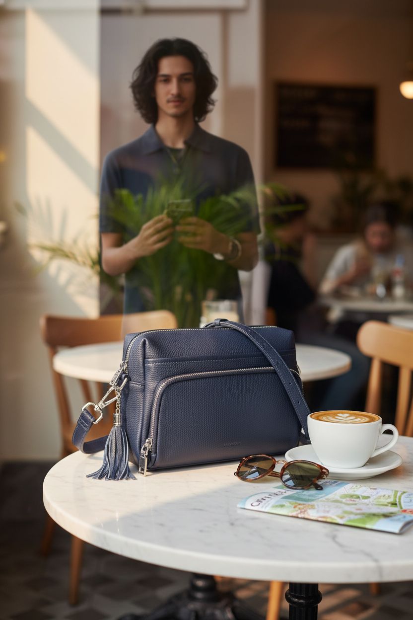 Befen navy crossbody bag on marble table with coffee and city guide