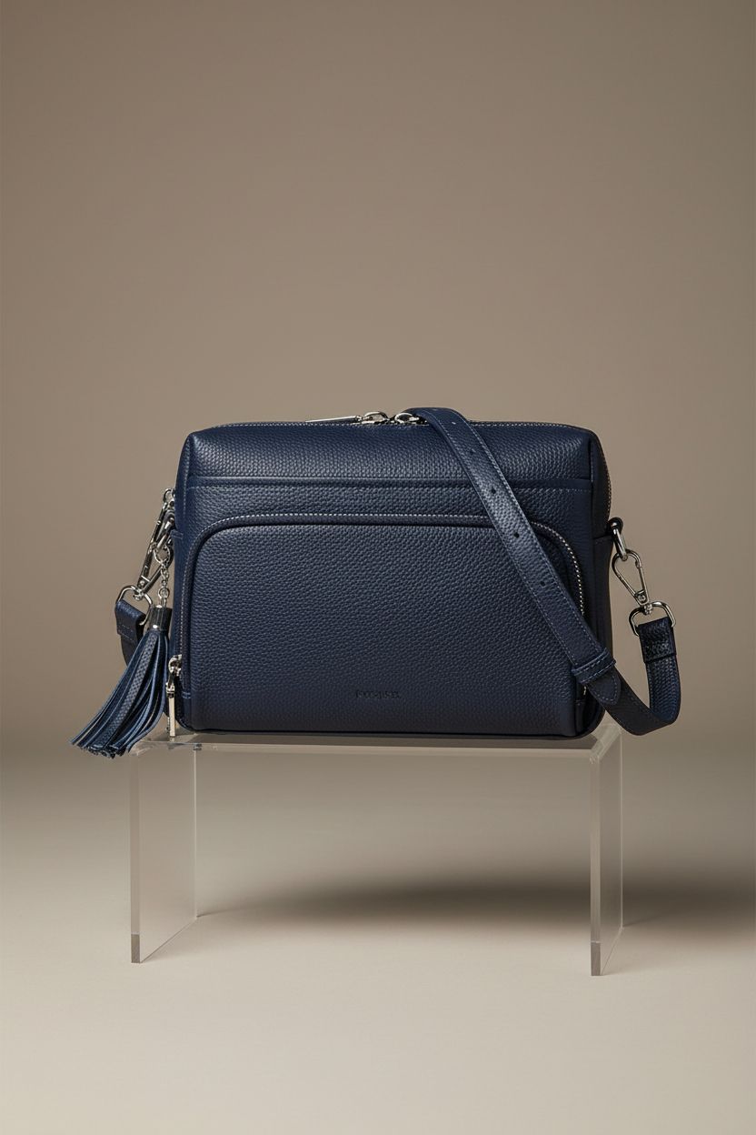 Befen genuine leather navy crossbody bag showcased in studio lighting