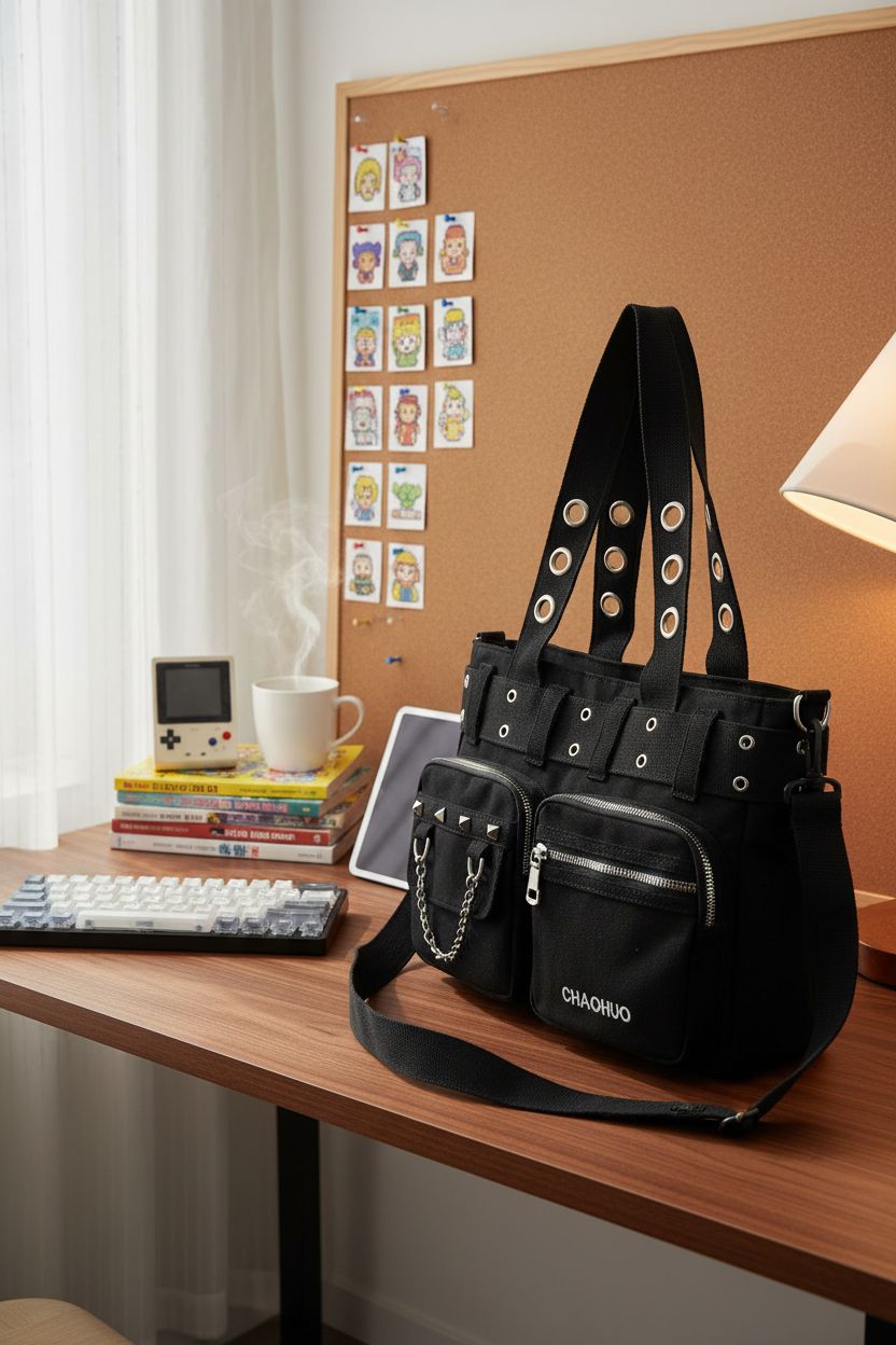 Makukke Y2K Tote Bag on a cozy desk, complementing a stylish workstation with retro vibes