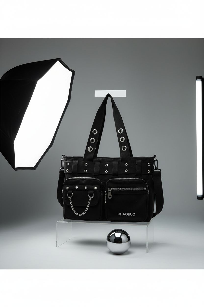 Close-up of Makukke Y2K Tote Bag showcasing its gothic design and functional pockets