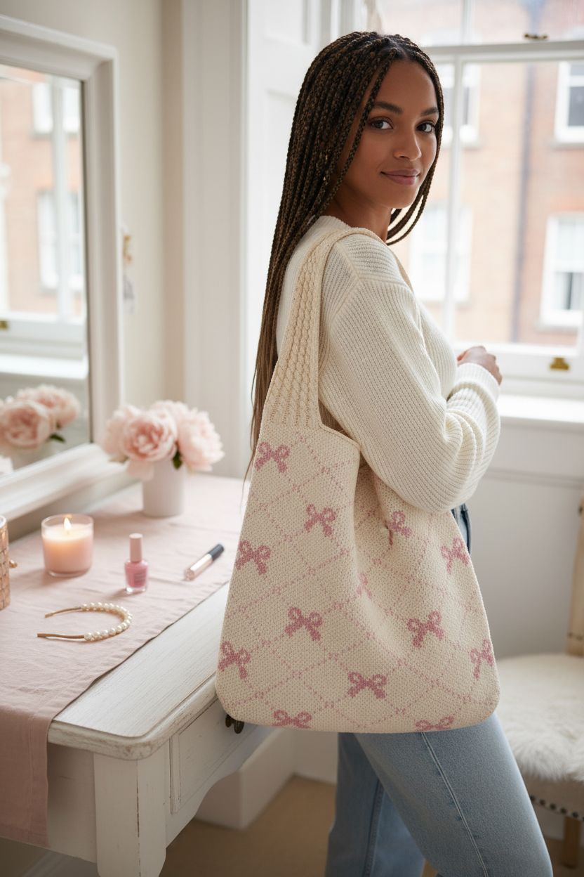 TEBIEKOY crochet tote bag in a cozy setting, highlighting its elegant design and texture.