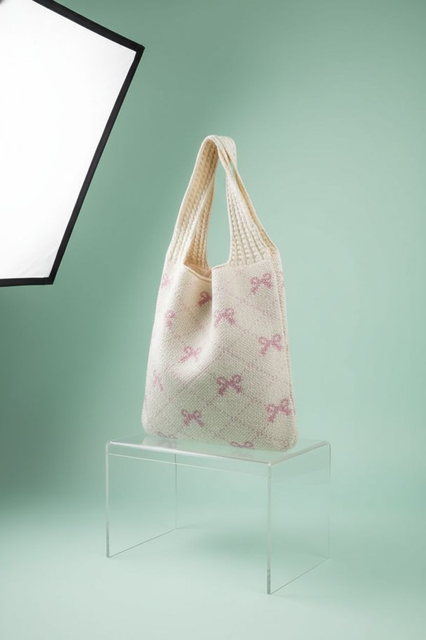 TEBIEKOY cream crochet tote bag centered on an acrylic riser, showcasing its stylish silhouette.