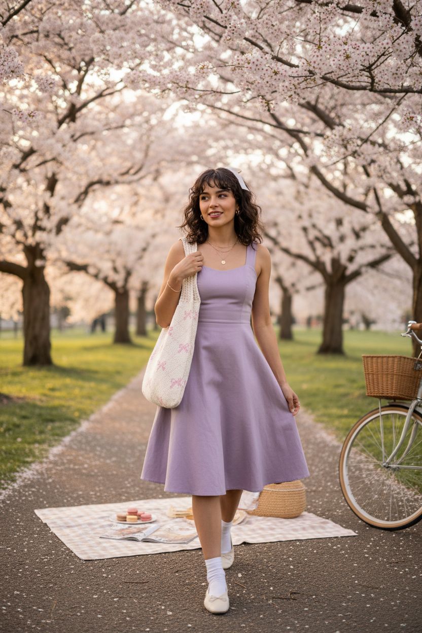 TEBIEKOY cream crochet tote bag with pink bows, perfect for spring outings and picnics.