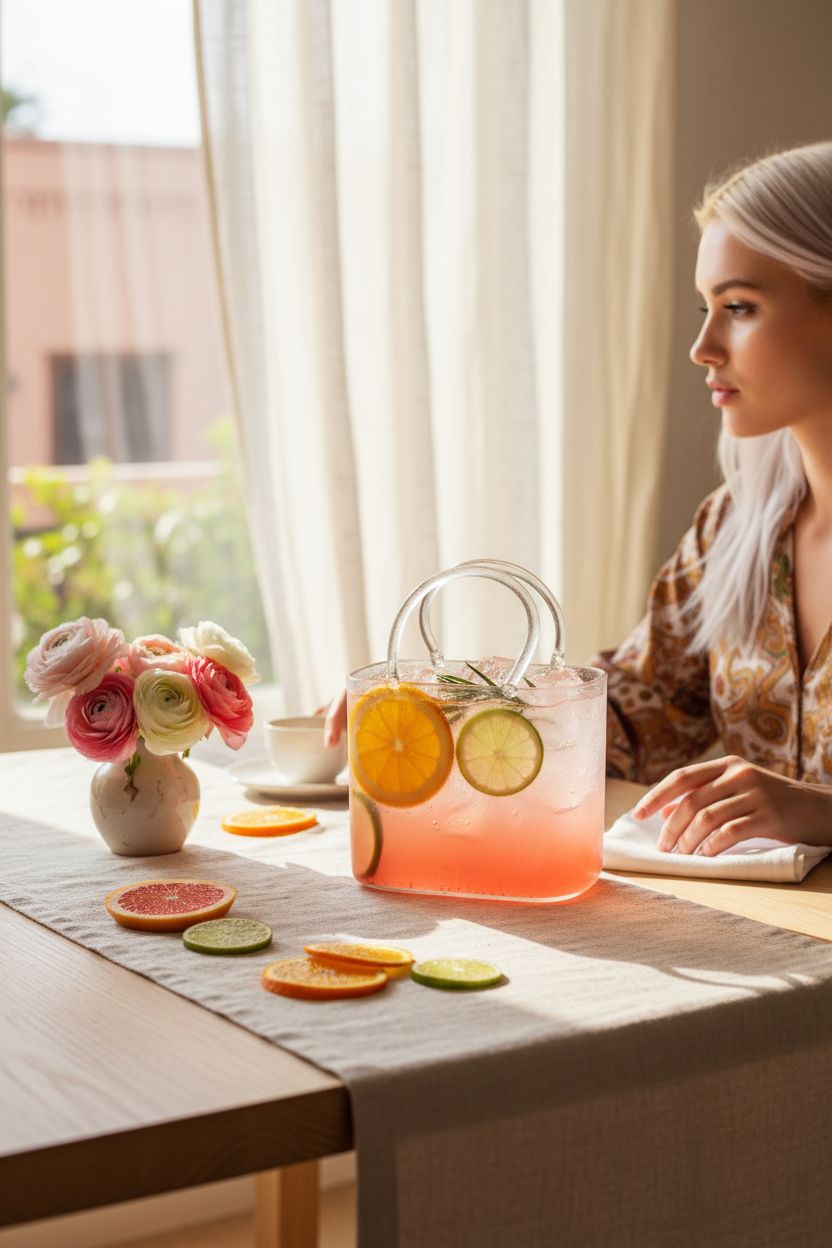 NULAOBA Glass Purse on a pale oak table during a relaxed brunch setting
