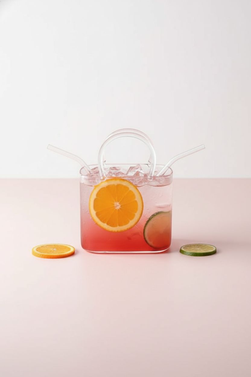 NULAOBA Cocktail Glass Shaped Purse showcased against a blush gradient backdrop