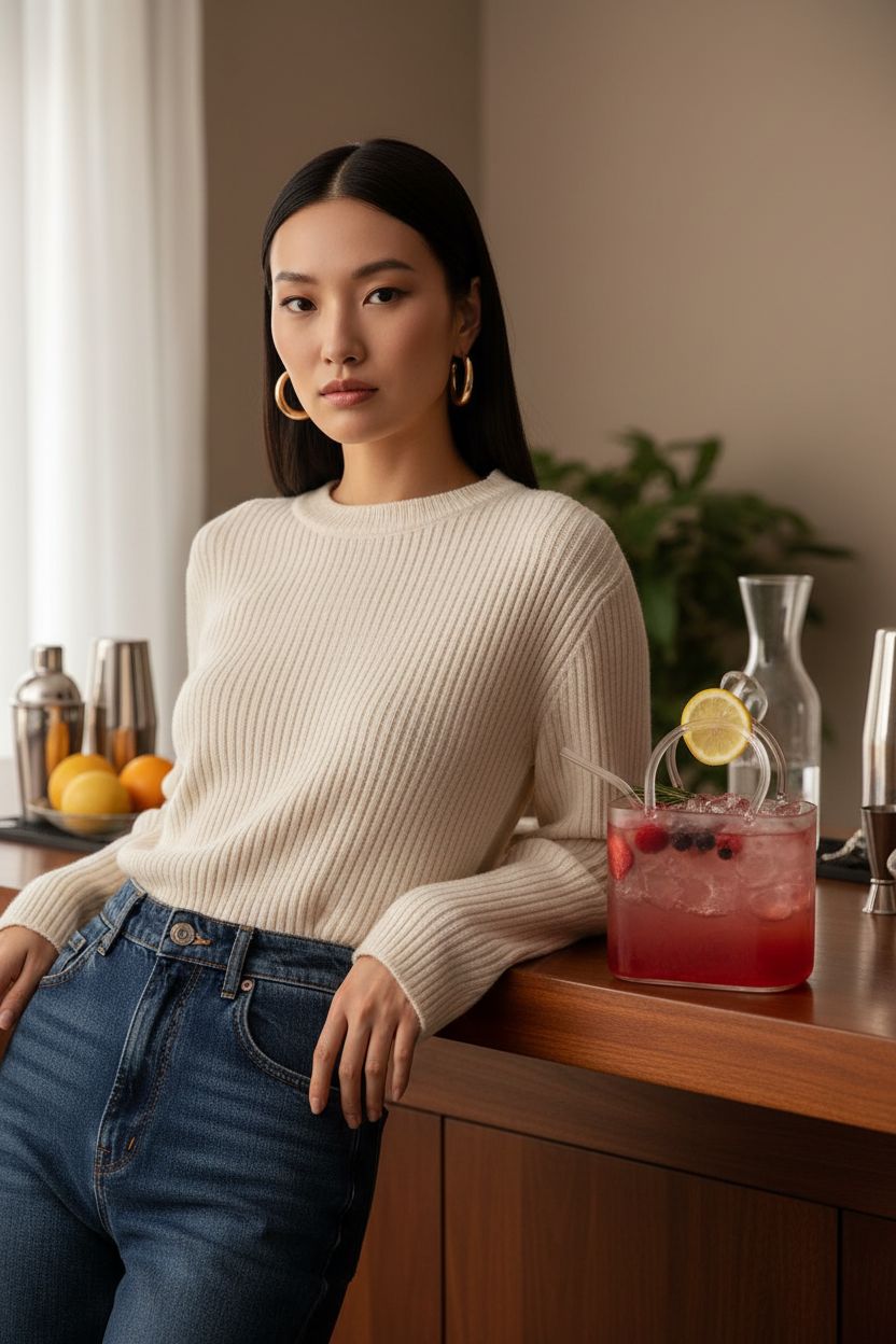 Chic NULAOBA Glass Purse displaying a berry gin cocktail at a stylish home bar