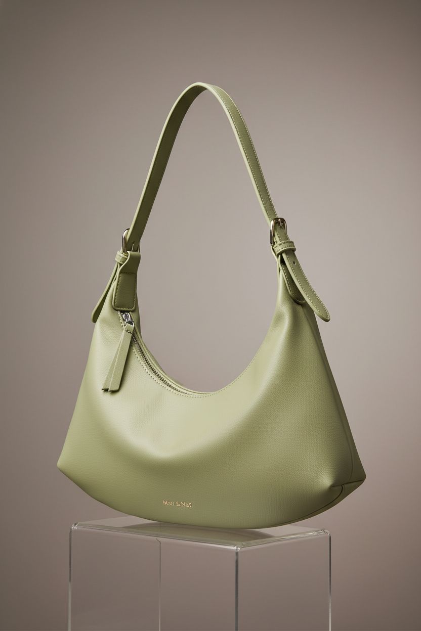 Montana West vegan leather crescent bag in sage green, showcasing its elegant design and details.