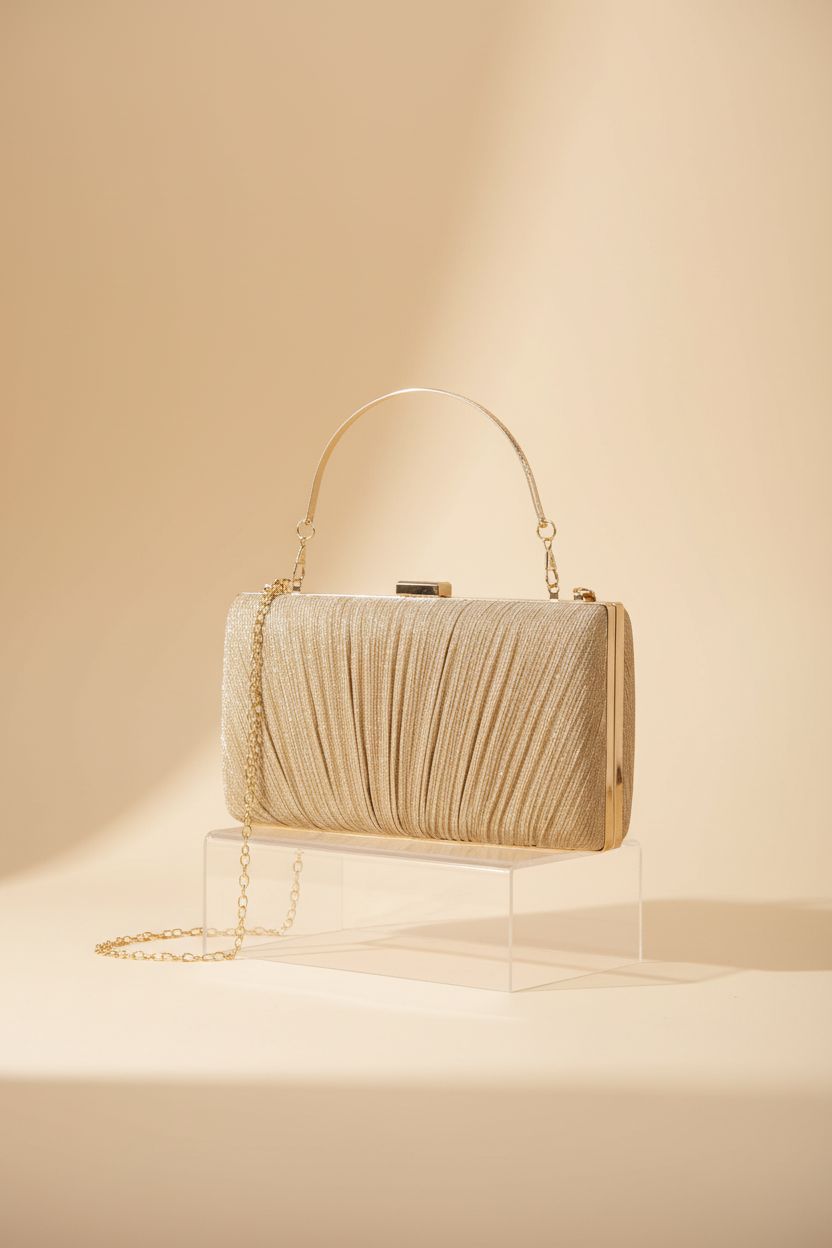 Kseymeir gold pleated clutch showcased on clear acrylic riser, highlighting craftsmanship