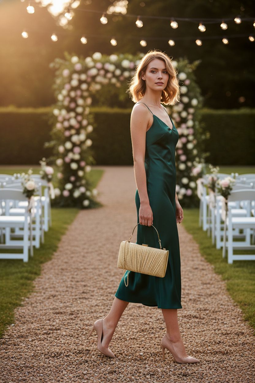 Kseymeir gold clutch purse at a garden wedding, paired with emerald satin dress