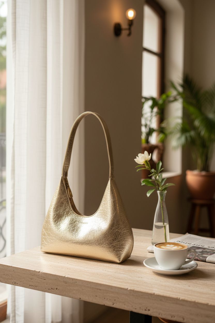 Verdusa gold hobo bag resting on a cafe table beside a latte, creating a calm morning vibe.