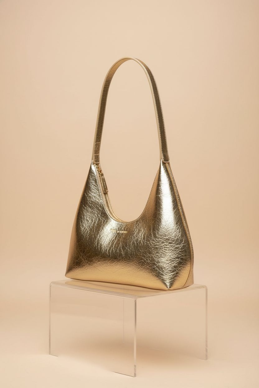 Verdusa gold hobo handbag showcased on a minimal acrylic riser with detailed stitching.