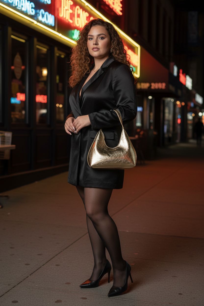 Verdusa gold hobo purse underarm, stylish with a black satin dress at a trendy restaurant.