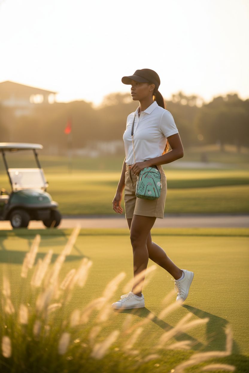 Mint/teal MCHIVER golf purse with gold chain worn crossbody on a clubhouse path