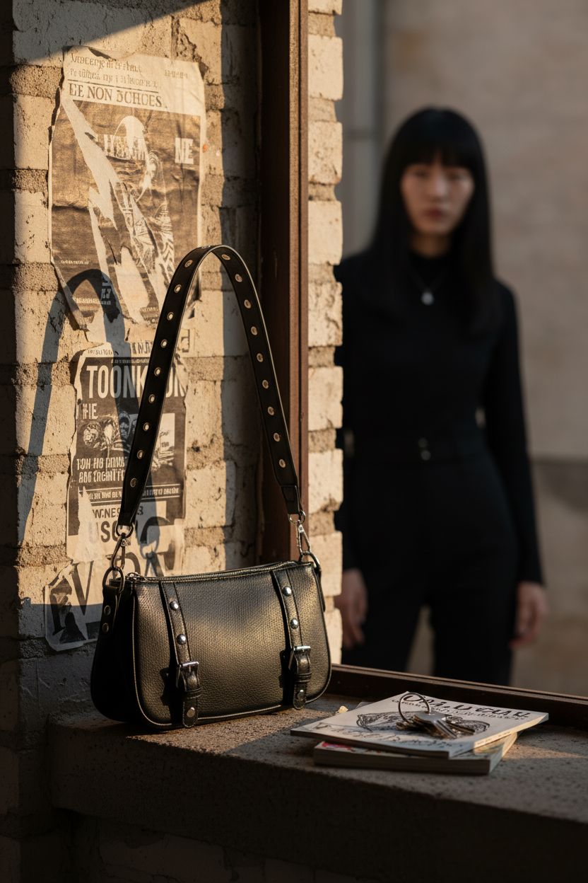 LACOMILA goth purse elegantly displayed in a cozy apartment nook with urban decor
