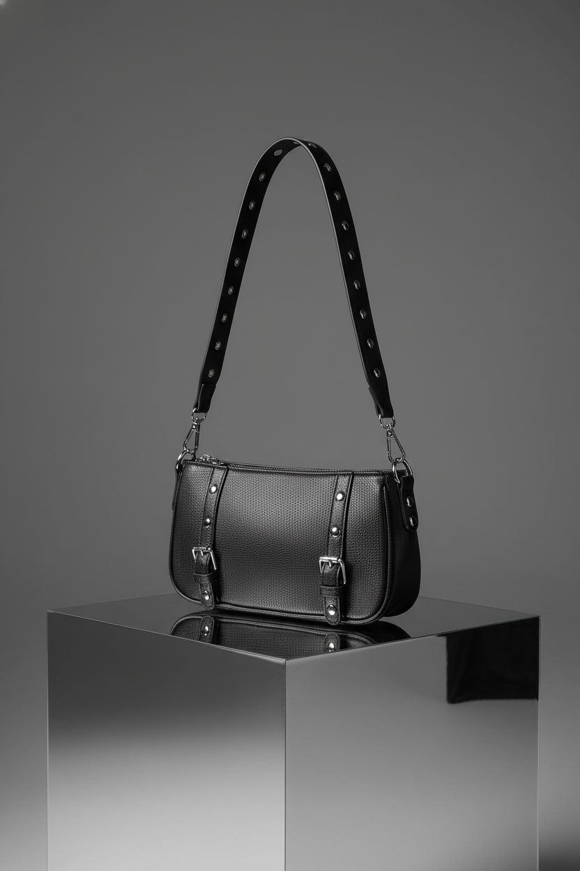 LACOMILA goth purse on a chrome pedestal, highlighting its sleek design and studded details