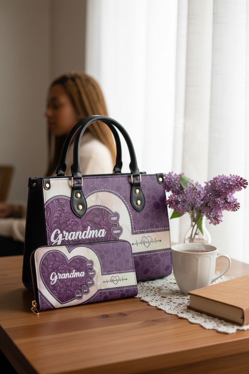 Cozy scene with NAREDA grandma purse beside tea and lilacs, perfect for relaxed mornings.
