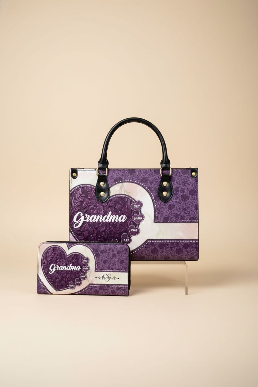 NAREDA grandma purse showcased with matching wallet on a minimal backdrop, highlighting detail.