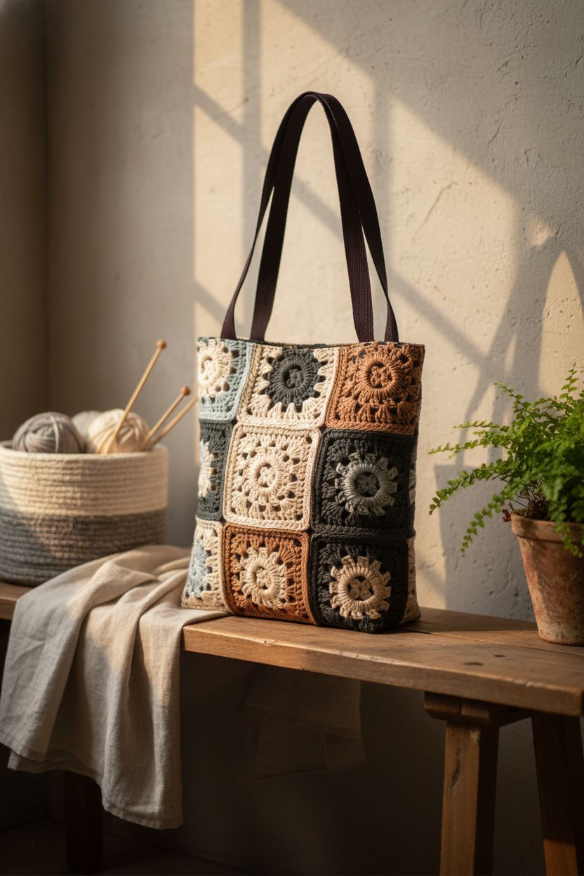 Granny square tote bag by Crochet Lover Cottage in a cozy craft nook with yarn and plants.
