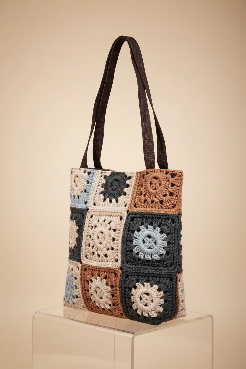 Product image of Crochet Lover Cottage's beige granny square bag highlighting its craftsmanship and design.