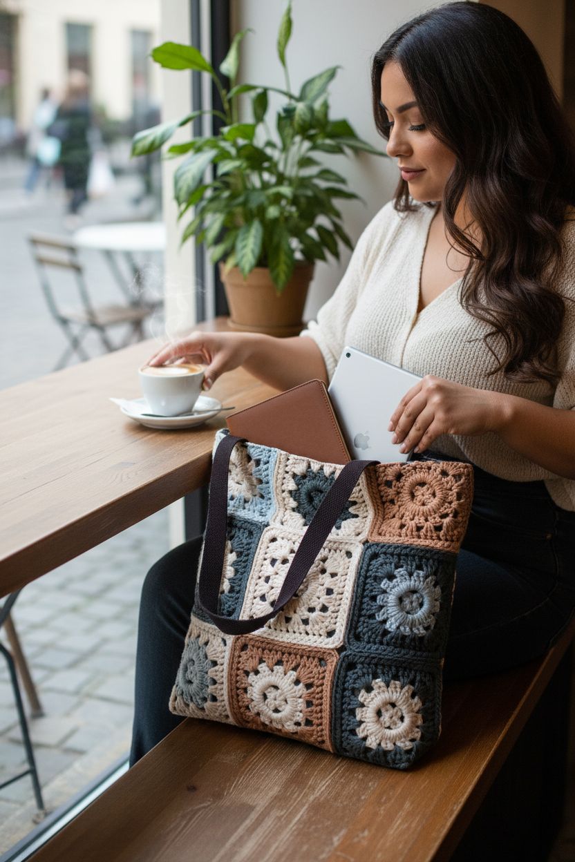 Beige granny square tote bag by Crochet Lover Cottage on a café table with a notebook and cappuccino.