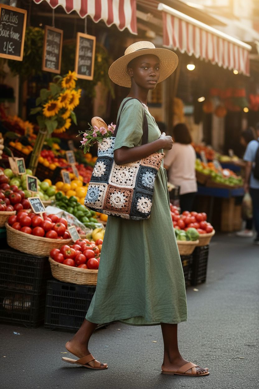 Granny square bag from Crochet Lover Cottage filled with baguette and flowers at a farmers’ market.