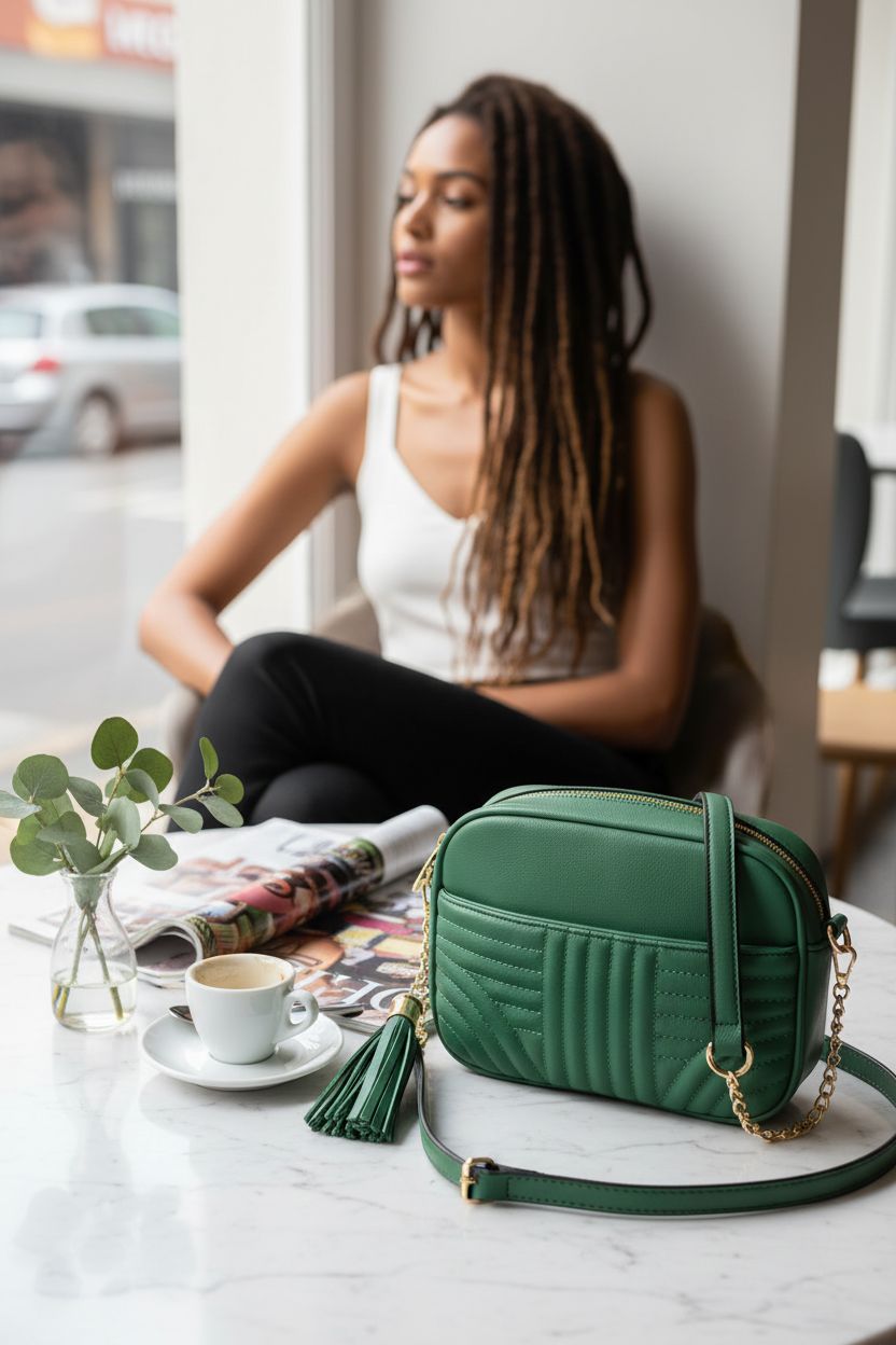 EVVE kelly green designer bag on a marble table with a magazine and coffee.