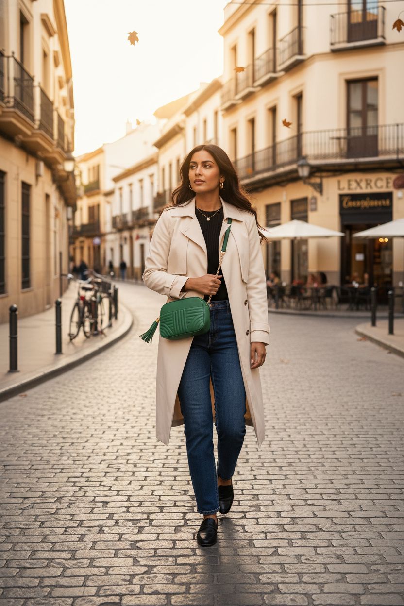 EVVE kelly green designer bag being carried on a cobblestone street.