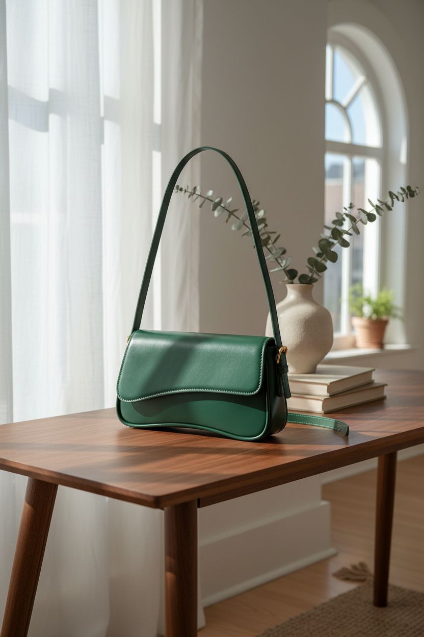 Calm setting with SYXLCYGJ green leather hobo bag on a stylish console.
