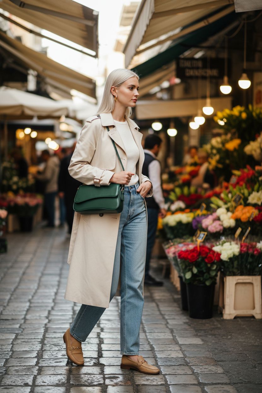Trendy green vegan leather hobo bag by SYXLCYGJ showcased at a flower market.