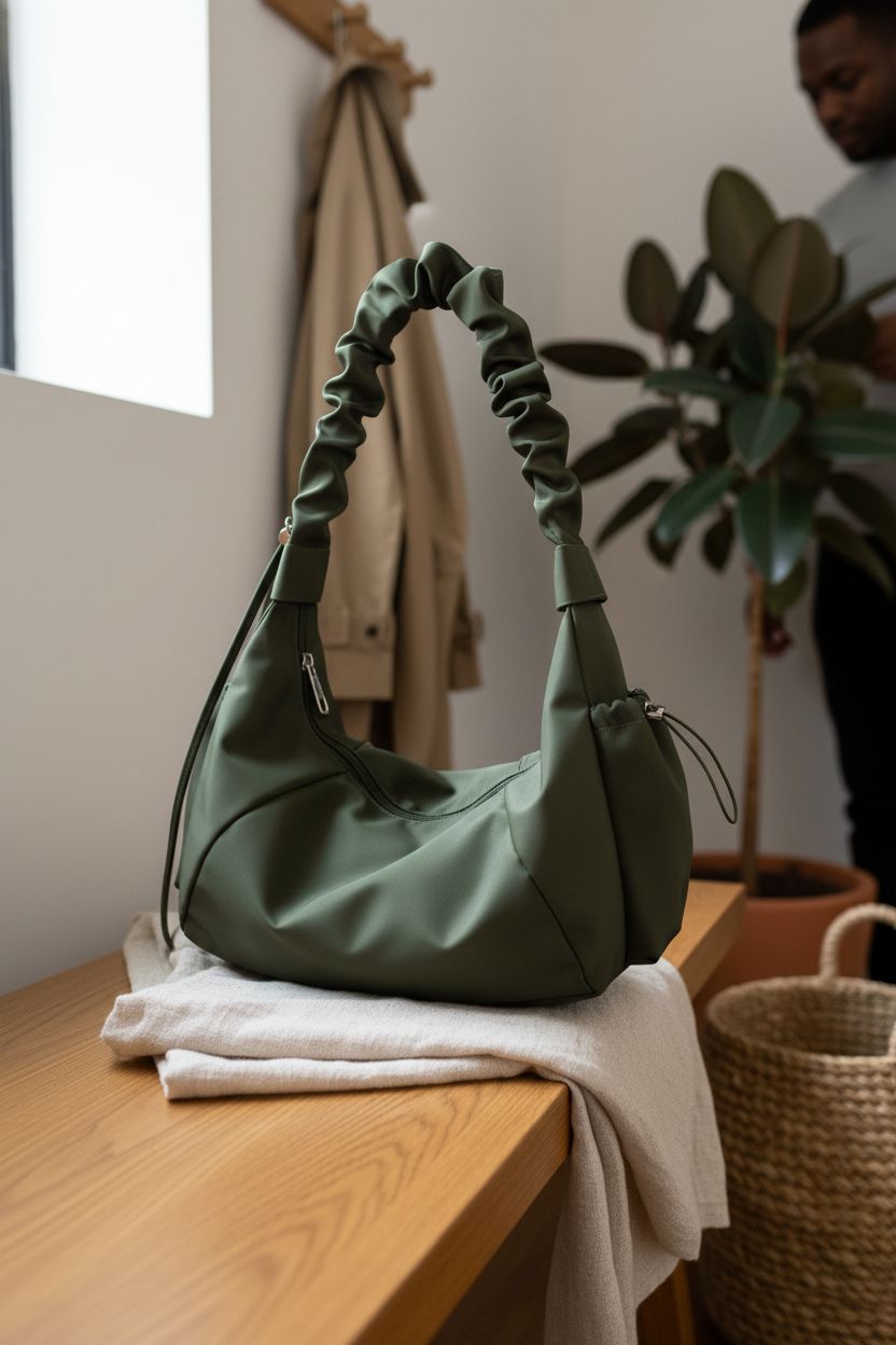 Elegant SHENHE dark green crescent bag placed on an oak bench, complemented by a cozy home setting and soft natural light.
