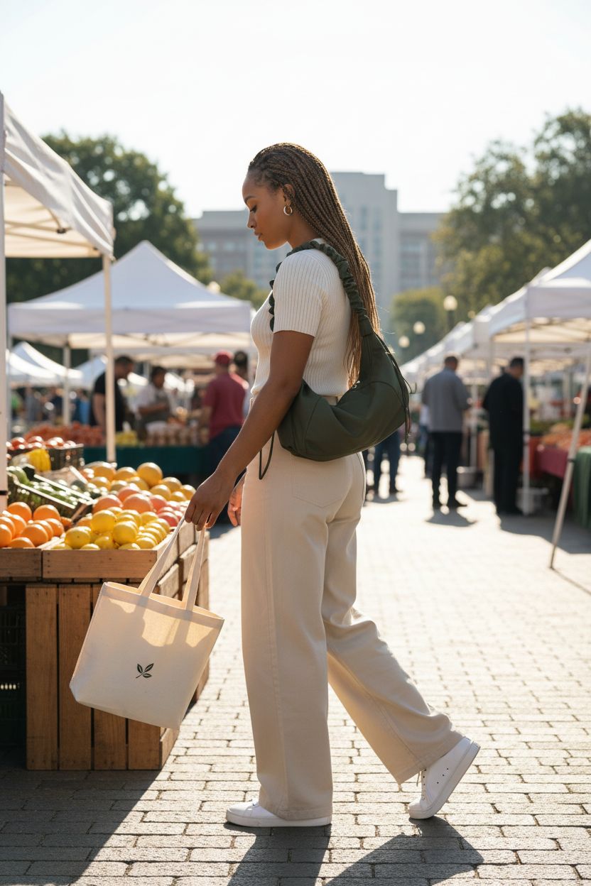 Dark green SHENHE crossbody sling bag displayed at a farmers' market, showcasing its nylon texture and spacious design.