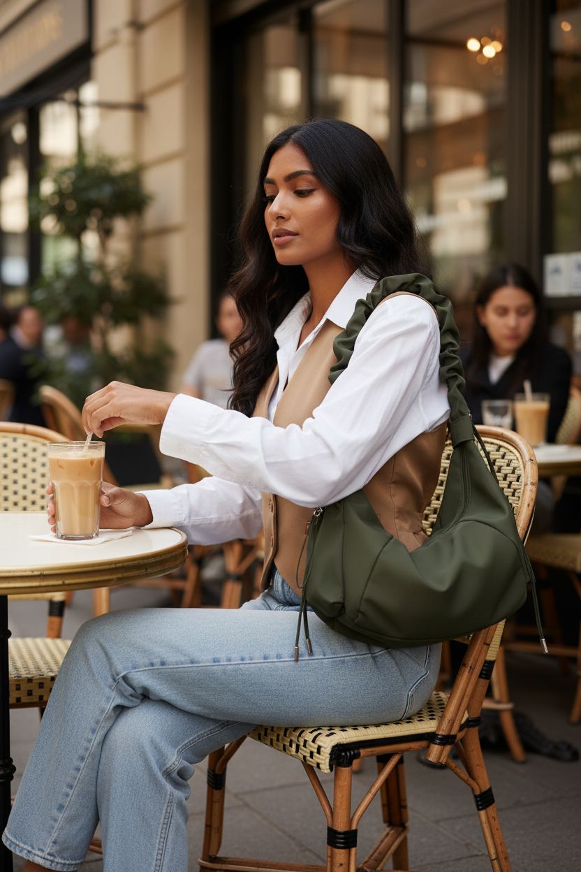 SHENHE dark green crescent bag resting on a cafe table, highlighting its chic design and practical use for casual outings.