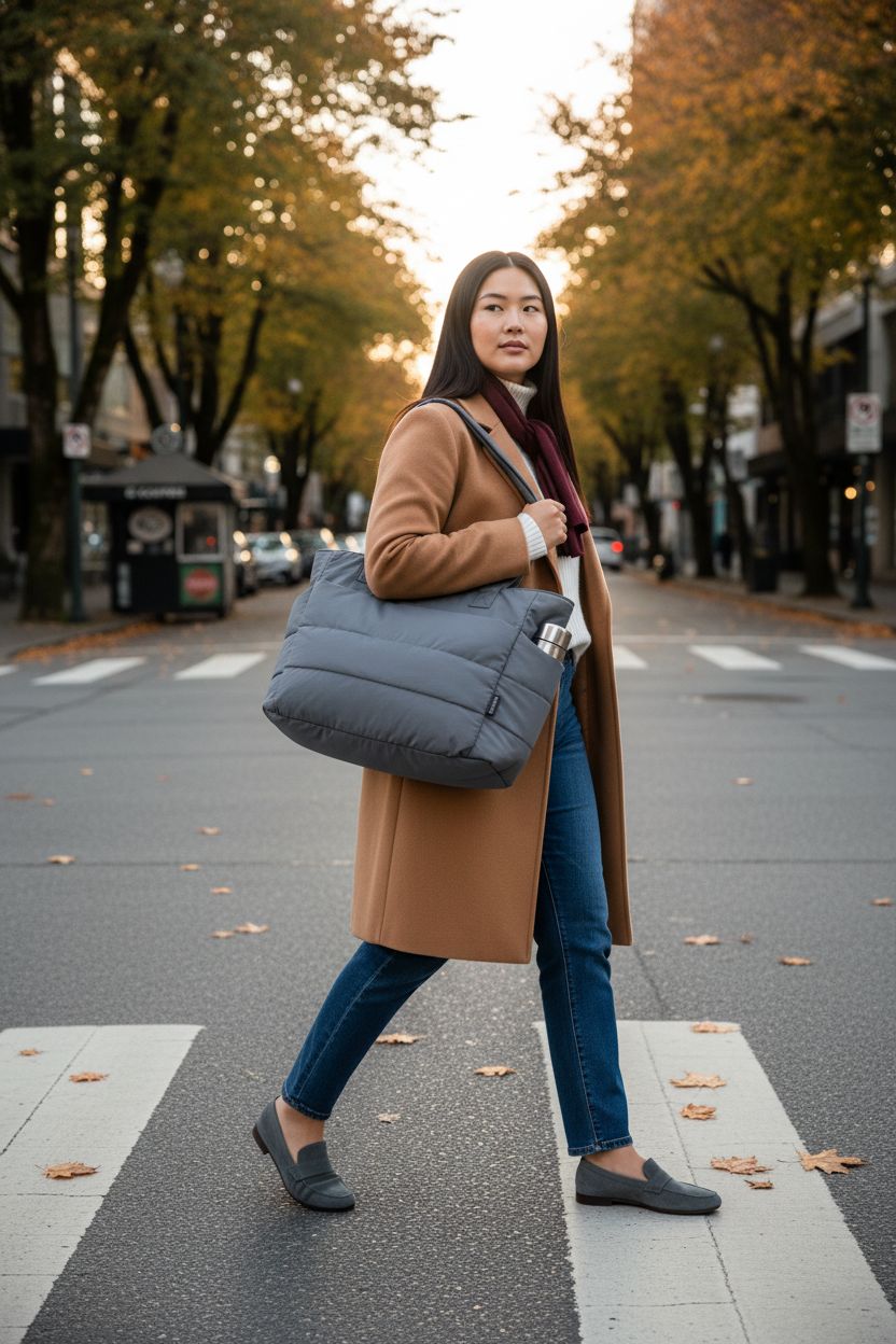 Dark grey BAGSMART puffer tote bag with reusable bottle in pocket, stylish fall commute.