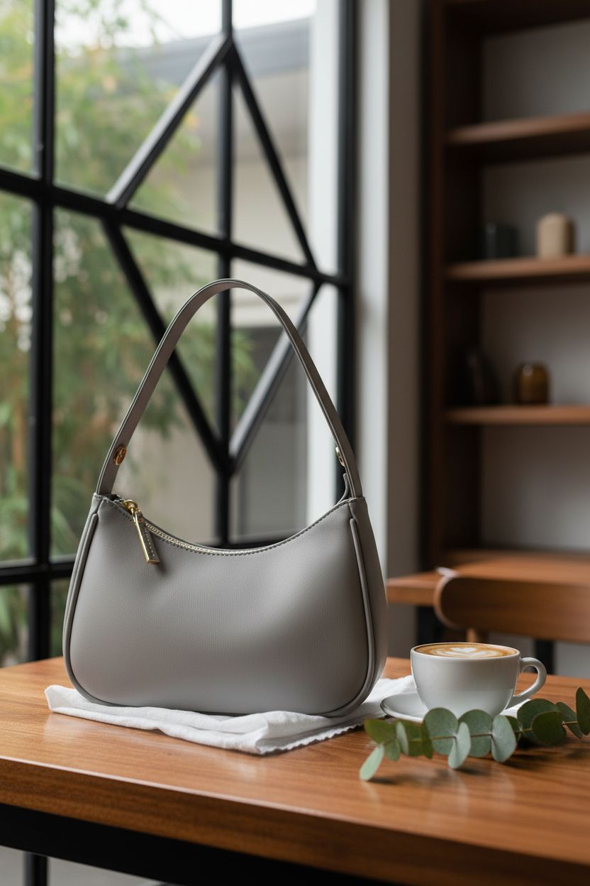 CYHTWSDJ grey hobo purse resting on a café table with cozy ambiance.