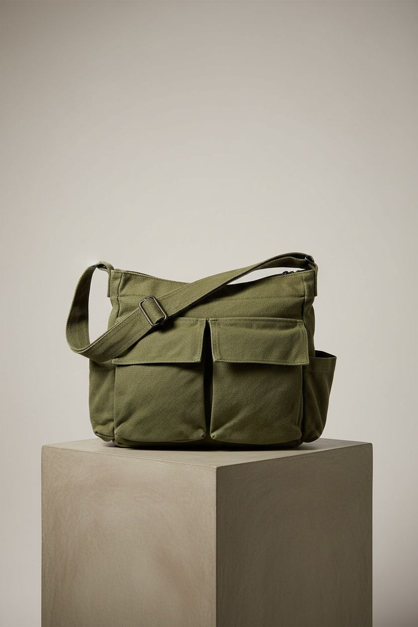 YTDYQFLZH military green canvas grunge bag showcasing its texture and adjustable strap in a minimal setup.