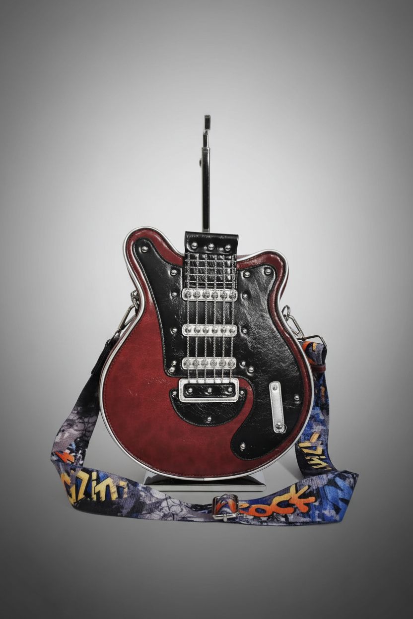 Lyuxhetaokdiq PU leather guitar purse displayed on a minimal studio set