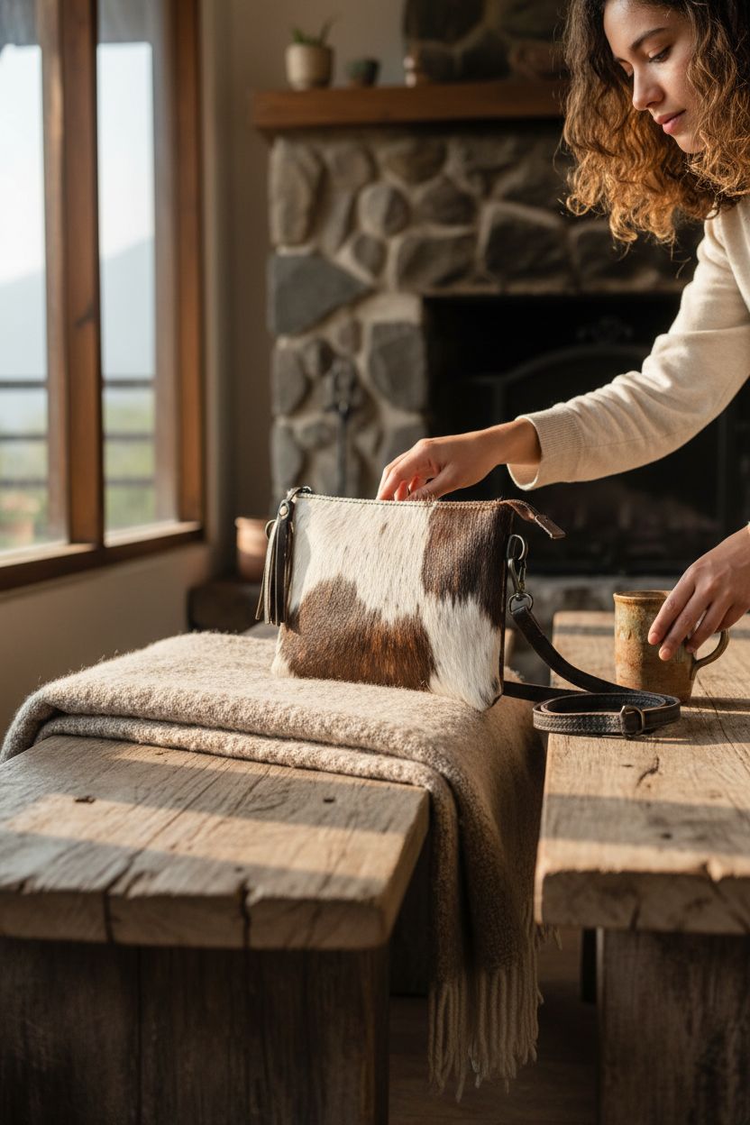 Merbaa hair on hide pouch bag beside a cozy ceramic mug in a mountain cabin setting.