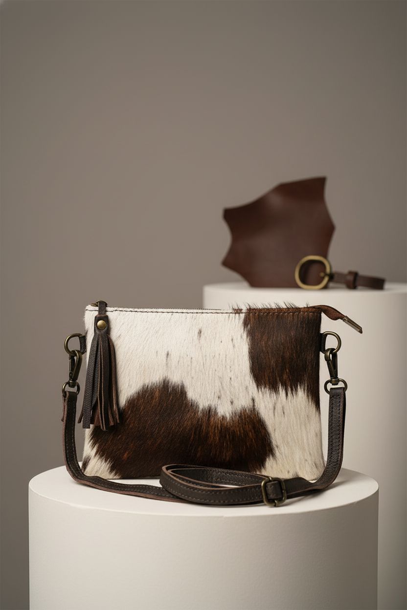 Merbaa cowhide hair on bag showcased with a smooth gray backdrop, highlighting its quality.