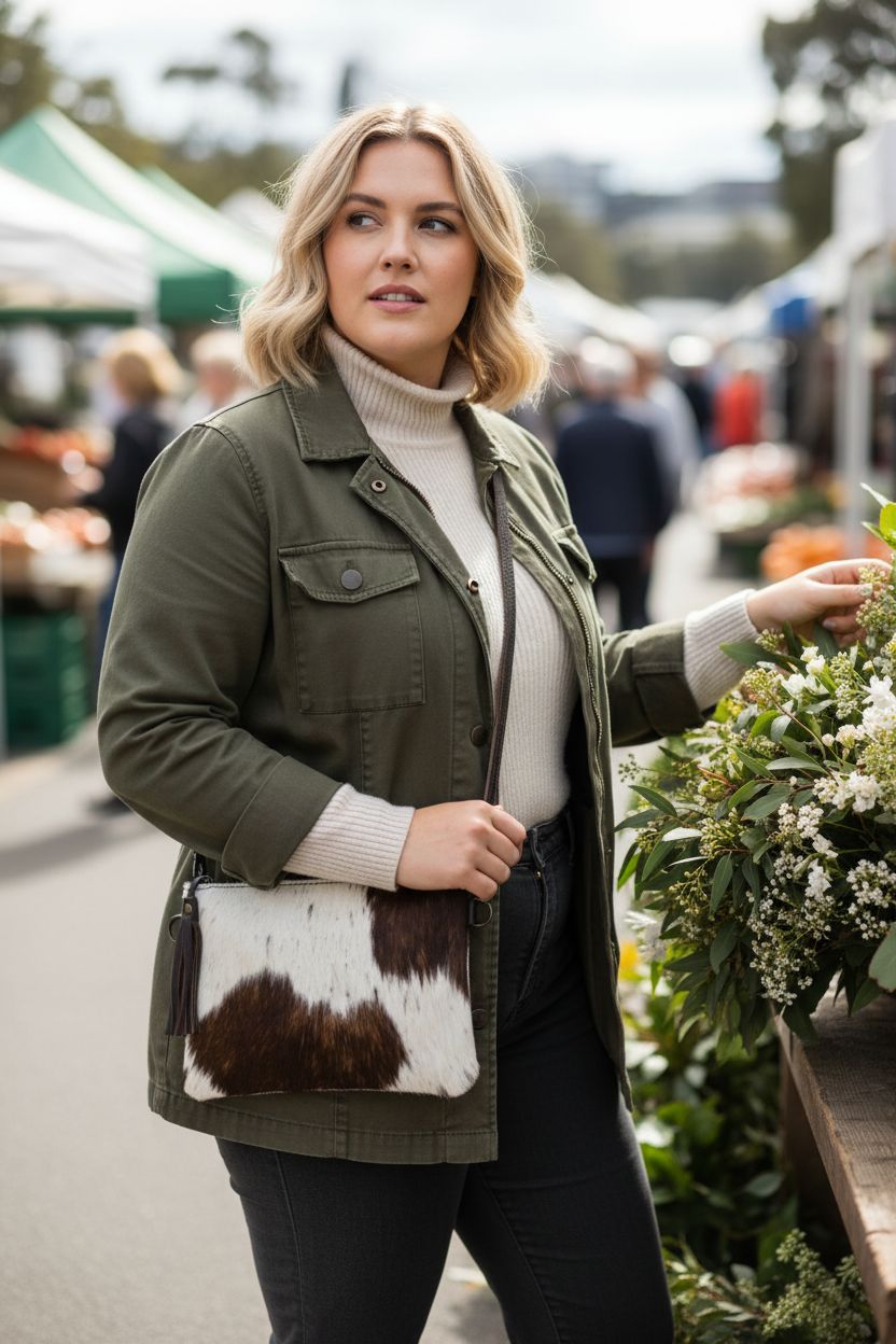 Merbaa cowhide hair on pouch bag displayed at a farmers market, showcasing unique textures.