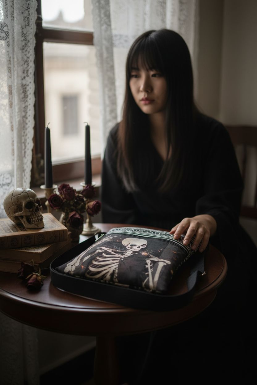 XiaoGalaee Gothic Skeleton Crossbody Bag in gothic nook, surrounded by spooky decor and ambiance.