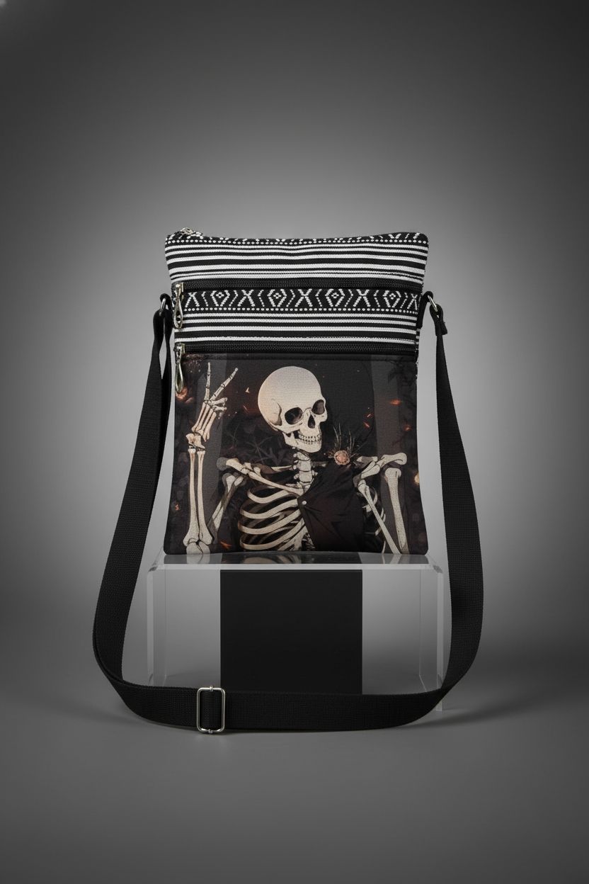 XiaoGalaee Gothic Skeleton Crossbody Bag on display with elegant lighting highlighting design details.